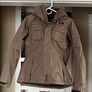 North Face Brown/beige Houndstooth Ski Jacket with faux fur hood